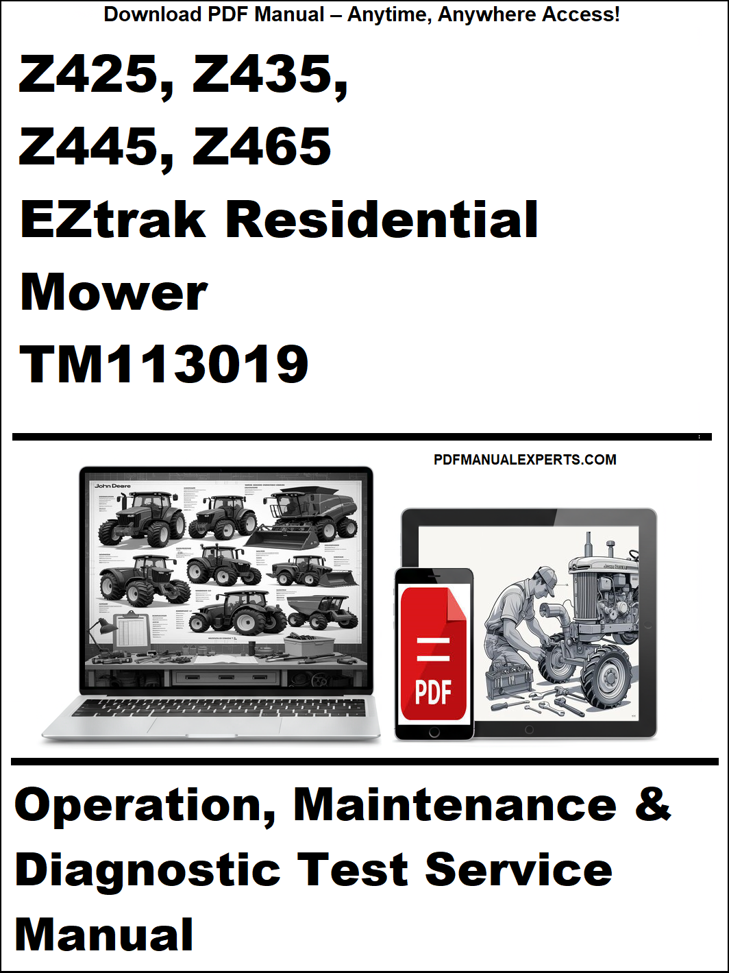 Cover of a manual for EZtrak Residential Mower with laptop and toolbox graphics.