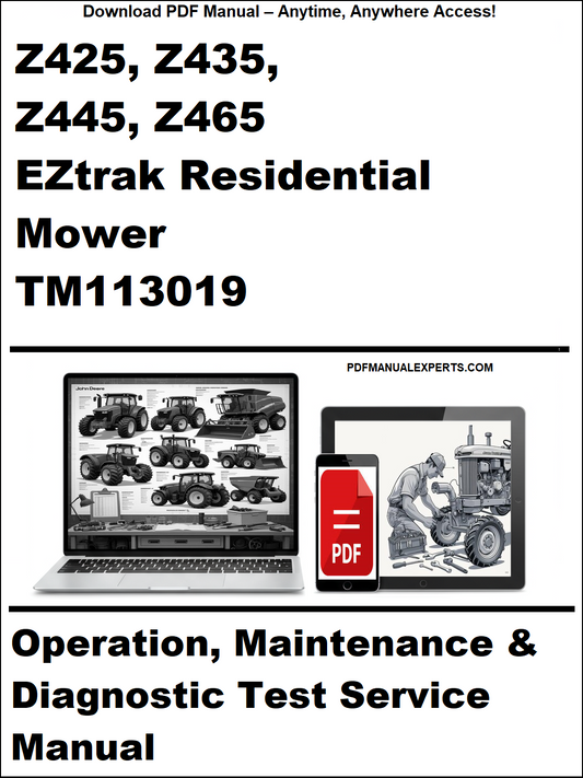 Cover of a manual for EZtrak Residential Mower with laptop and toolbox graphics.