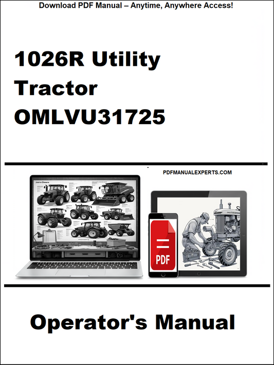 Cover of a tractor operator's manual with laptop and smartphone icons on a white background