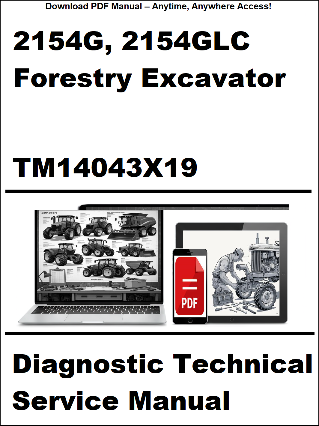 Cover of a diagnostic technical service manual for 2154G and 2154GLC forestry excavators, featuring images of a laptop and a diagnostic tool.