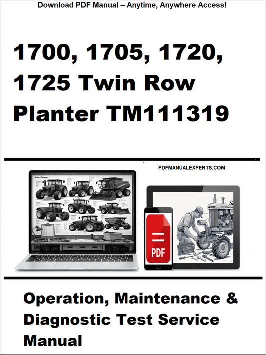 Manual cover for 1700, 1705, 1720, 1725 Twin Row Planter TM111319 with laptop and toolbox graphics.