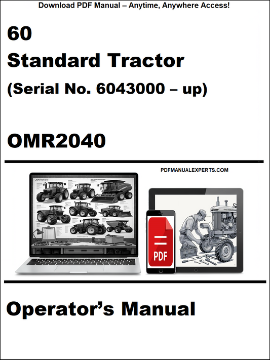 Operator's manual cover for a standard tractor with serial number 6043000 and up, featuring images of a laptop and tractor on a white background.