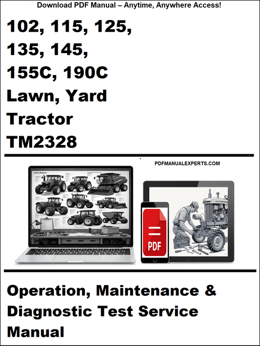 Advertisement for a lawn tractor manual with laptop and tractor images on a white background