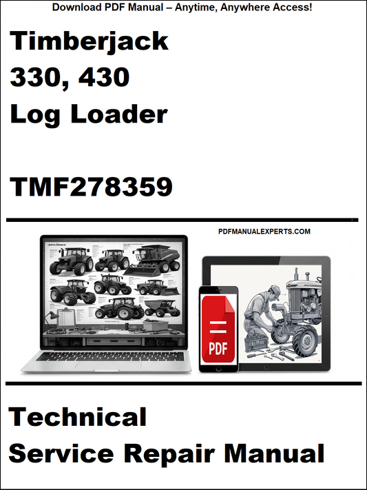 Cover of a technical service repair manual for Timberjack 330, 430 Log Loader with a laptop and toolbox graphic.