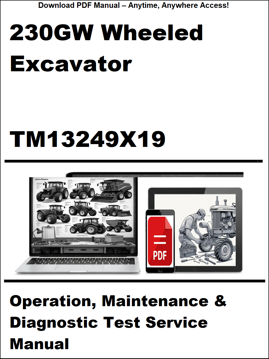 Manual cover for 230GW Wheeled Excavator operation, maintenance, and diagnostic test service manual with a laptop and smartphone icon.