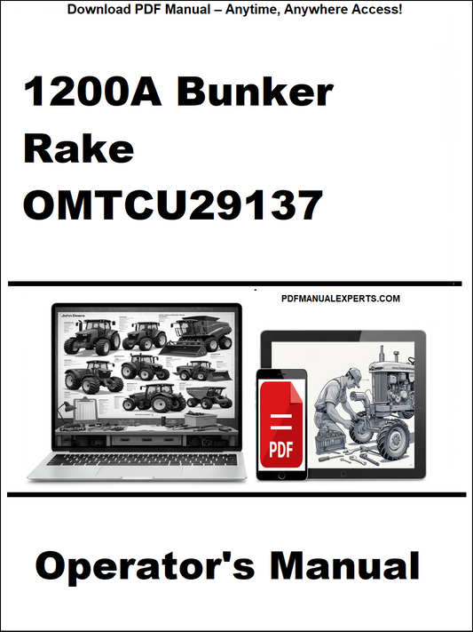 Operator's manual for 1200A Bunker Rake OMTCU29137 on a white background with laptop and phone icons.