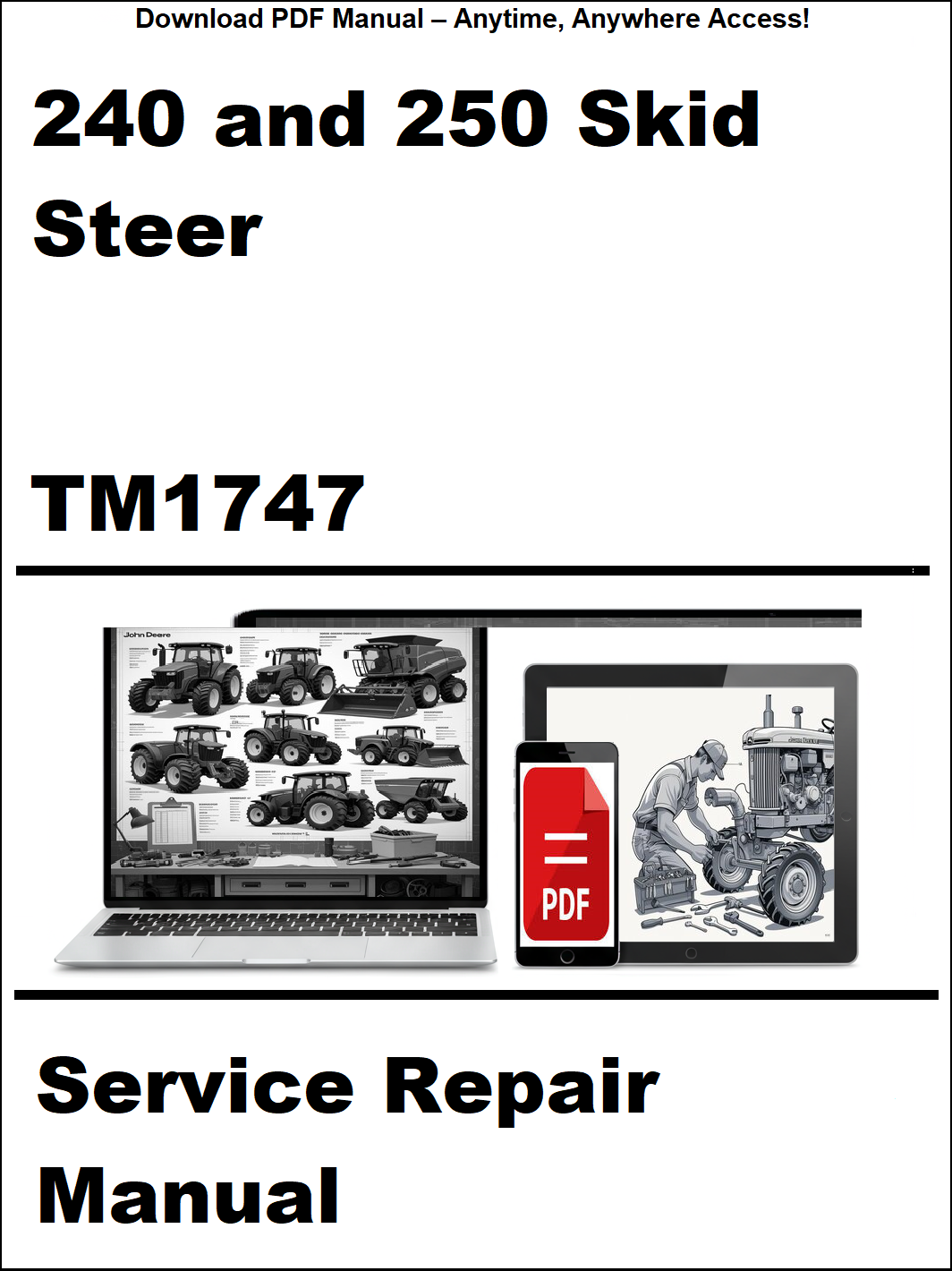 Service repair manual for 240 and 250 skid steer with laptop and toolbox graphics on a white background.