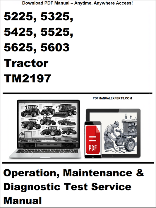 Advertisement for a tractor manual with laptop and toolbox graphics on a white background