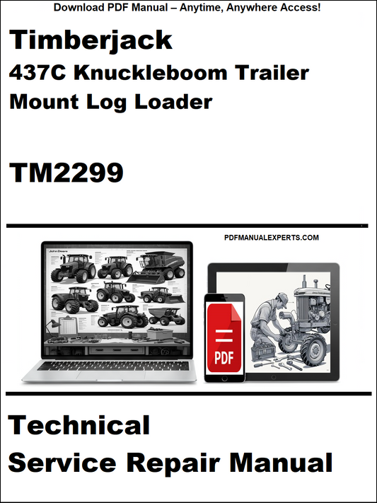 Advertisement for Timberjack 437C Knuckleboom Trailer Mount Log Loader technical service repair manual on a white background.