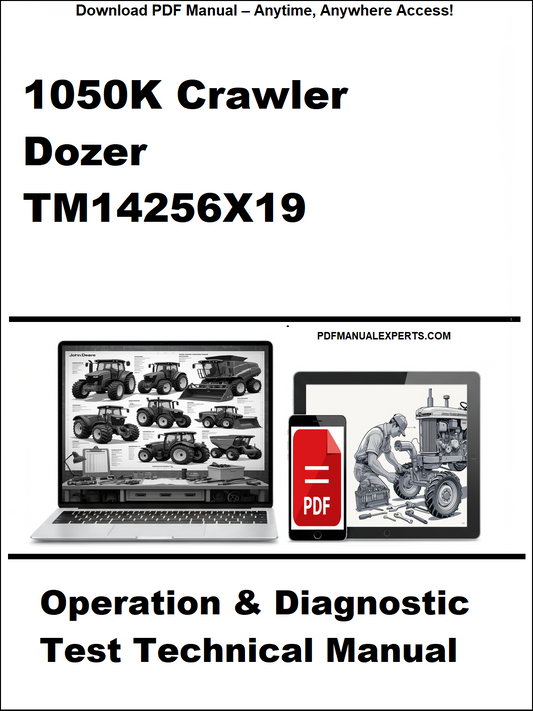 Manual cover for 1050K Crawler Dozer TM14256X19 with technical illustrations and text.