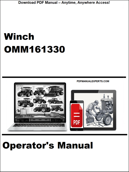 Operator's manual for Winch OMM161330 with a laptop and smartphone displaying the manual on a white background.
