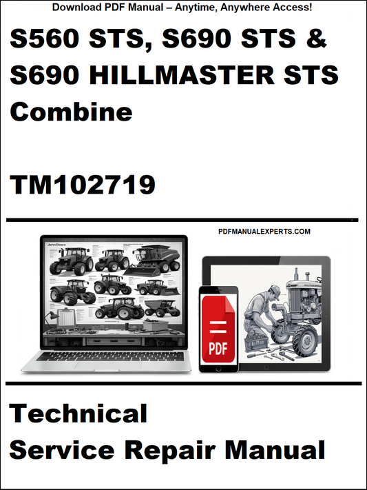 Technical service repair manual for John Deere S560 STS, S690 STS & S690 Hillmaster STS combines, featuring a laptop and repair manual icon.