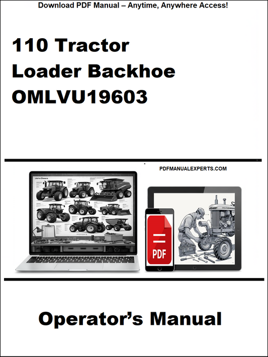 Cover of a tractor loader backhoe operator's manual with a laptop and smartphone displaying the PDF.