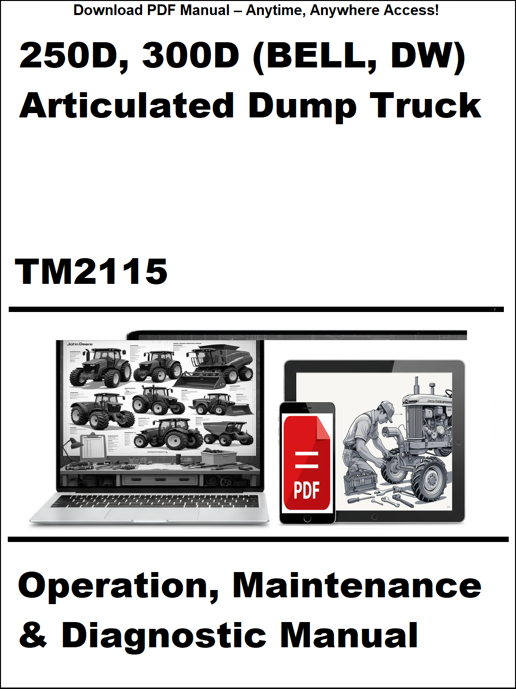 Manual cover for 250D, 300D articulated dump truck with laptop and truck images.