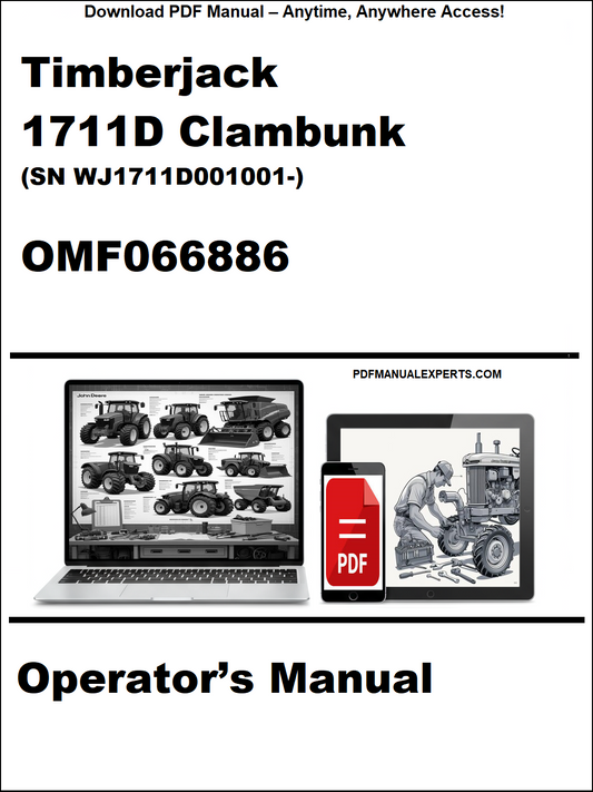 Cover of Timberjack 1711D Clambunk operator's manual with a laptop and truck illustration.