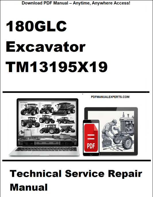 Cover of a technical service repair manual for 180GLC Excavator TM13195X19 with a laptop and tablet icon.
