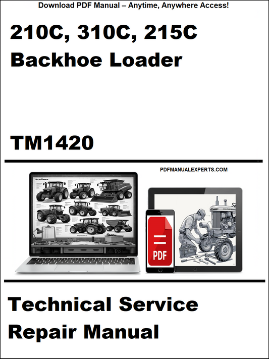 Cover of a technical service repair manual for 210C, 310C, 215C backhoe loaders with a laptop and toolbox graphic.