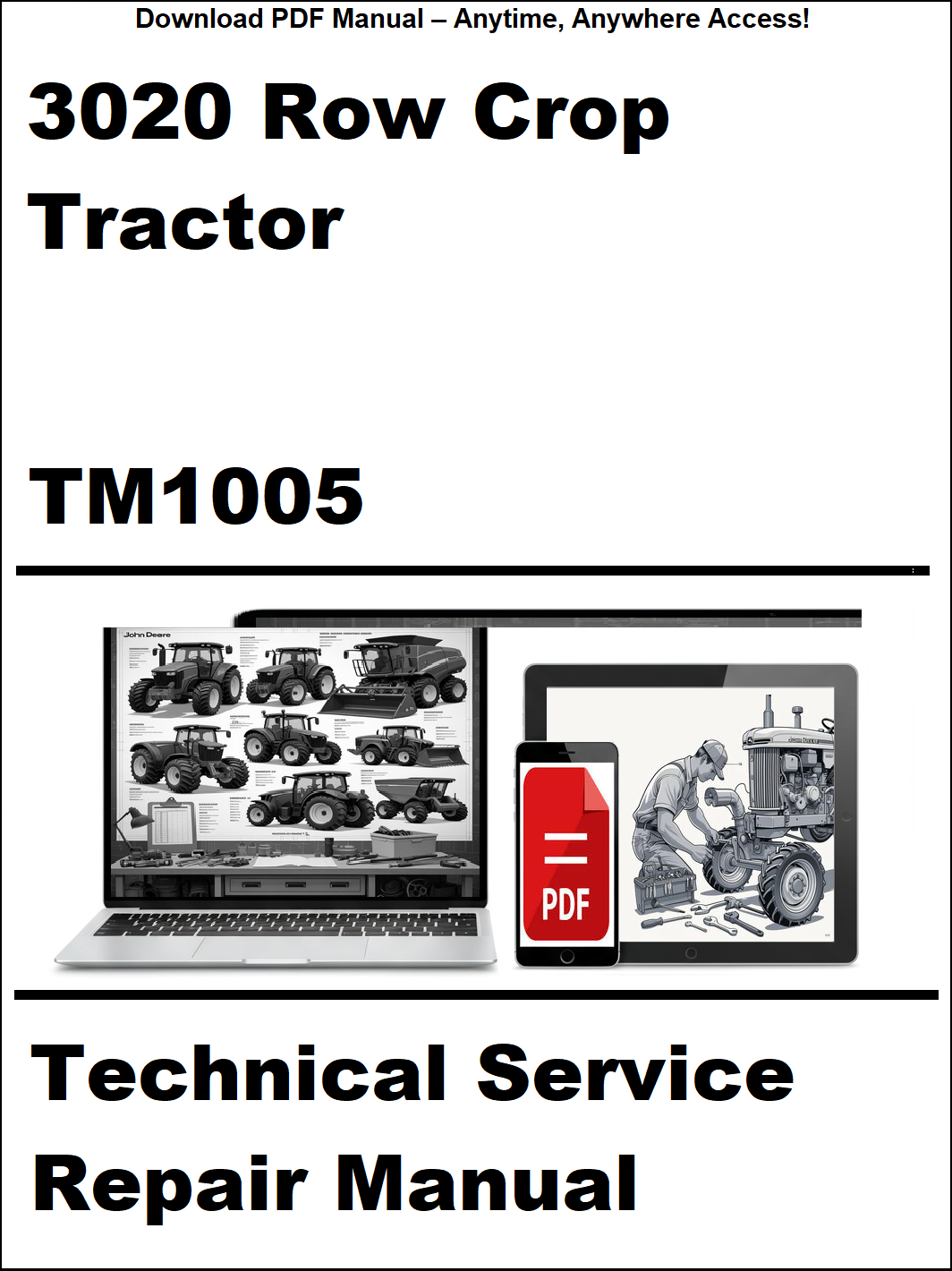 Technical service repair manual for 3020 row crop tractor with laptop and tractor images on a white background.