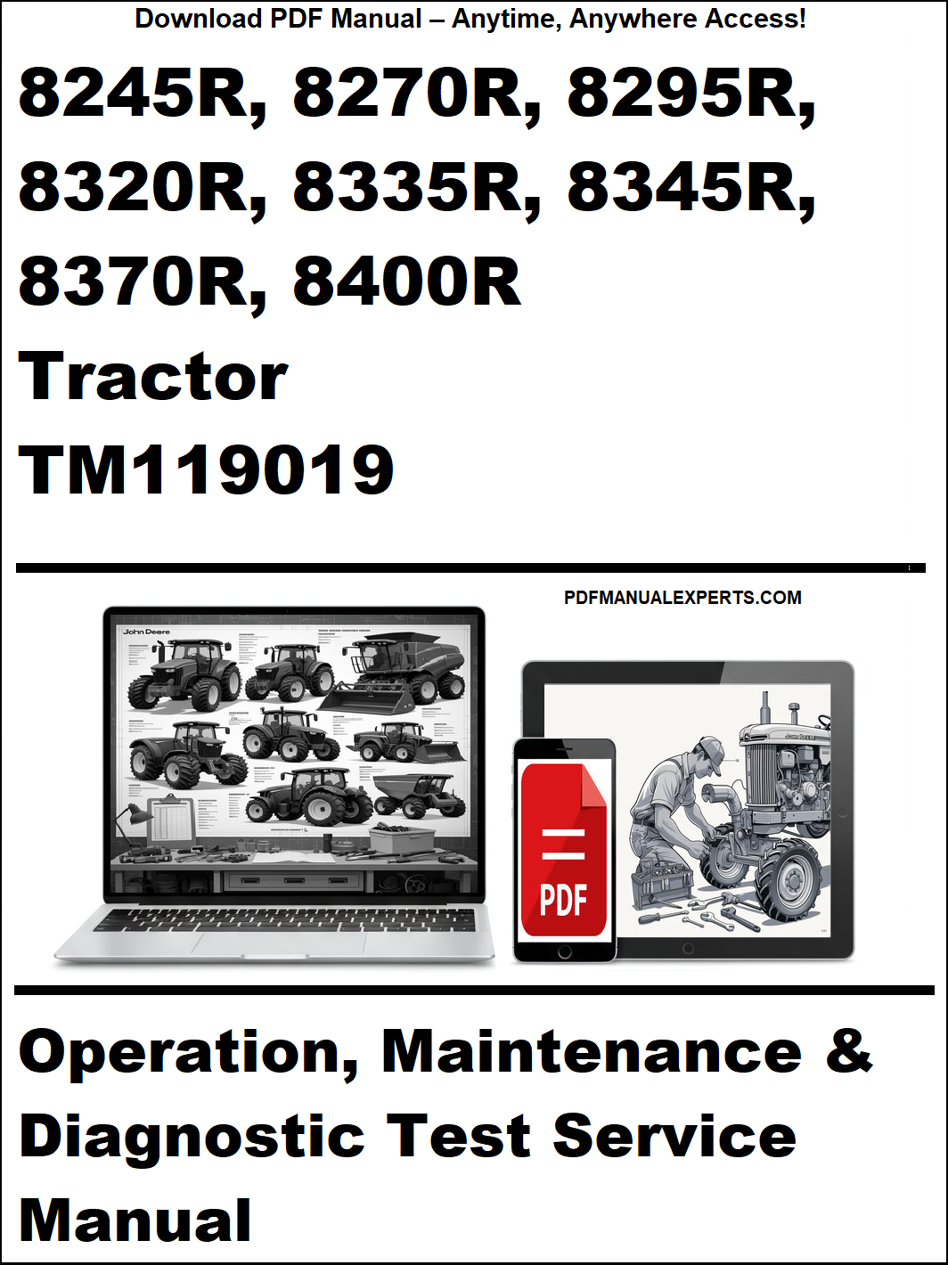 Advertisement for tractor manual with laptop and toolbox graphics on a white background