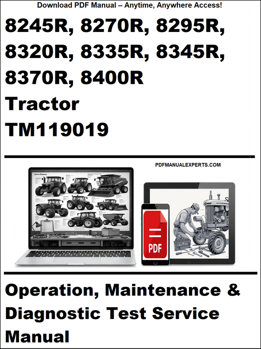 Advertisement for tractor manual with laptop and toolbox graphics on a white background