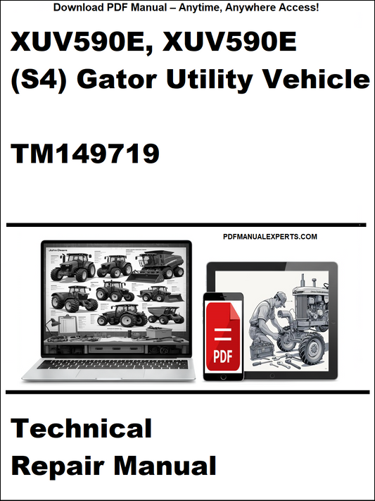 Technical repair manual for XUV590E and XUV590E (S4) Gator Utility Vehicle with PDF icon and laptop display.