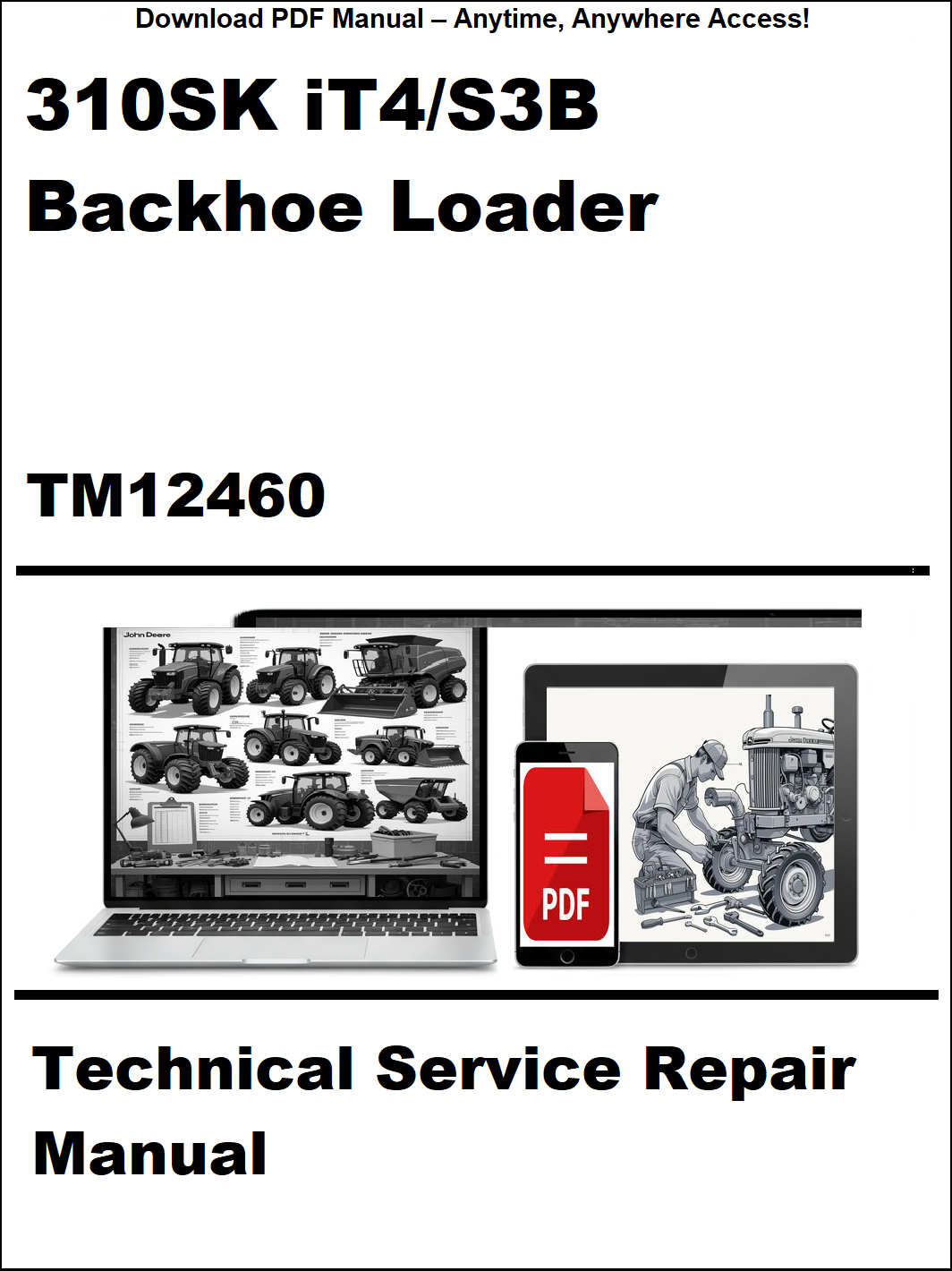 Cover of a technical service repair manual for a 310SK IT4/S3B backhoe loader with a laptop and smartphone icon.