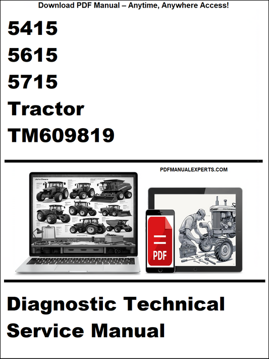 Advertisement for diagnostic technical service manual on a tractor with laptop and toolbox graphics.