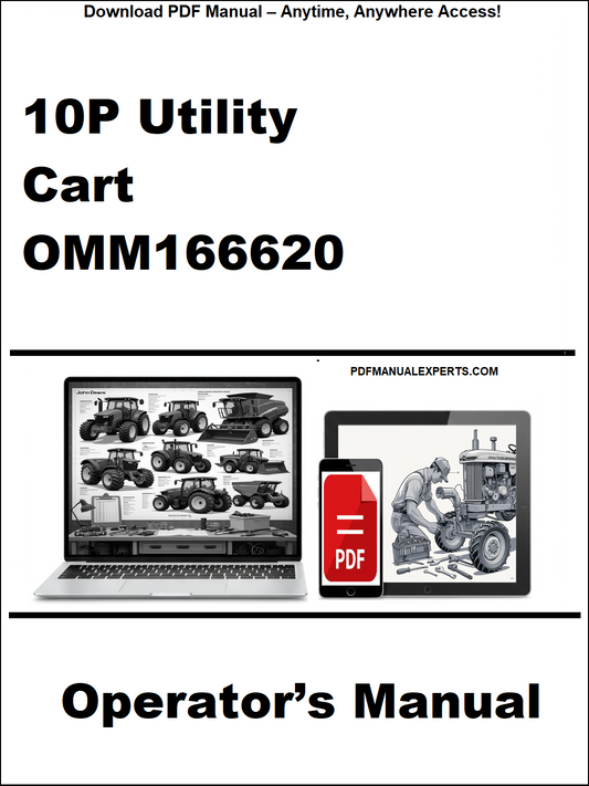 Operator's manual for a 10P Utility Cart OMM166620 with a laptop and toolbox graphic on a white background.