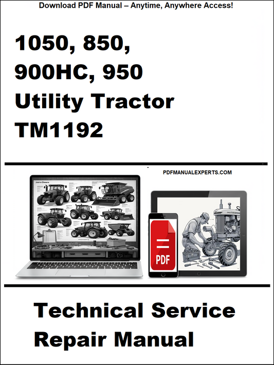 Technical service repair manual for John Deere 1050, 850, 900HC, 950 utility tractors on a white background.