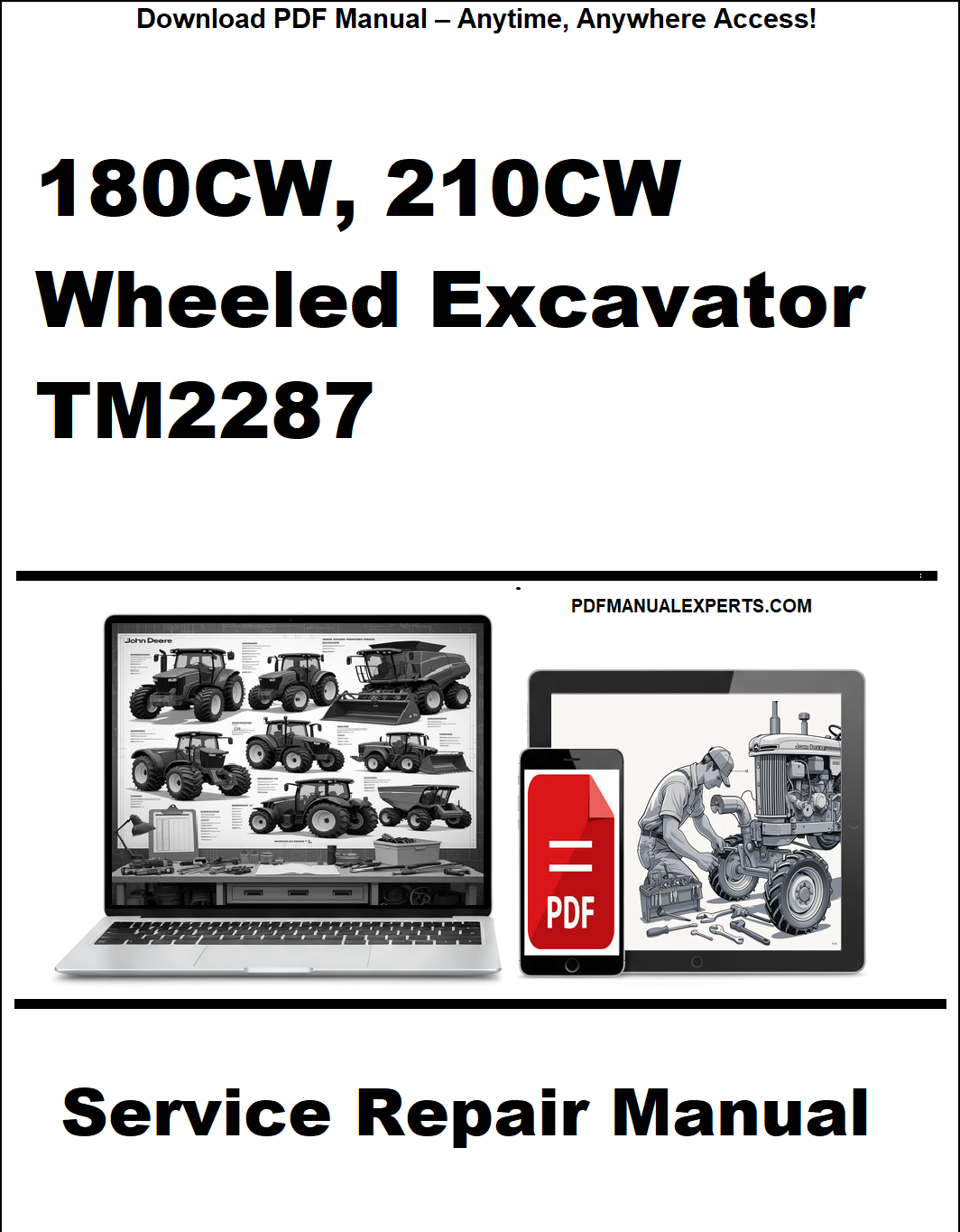 Service repair manual for 180CW, 210CW wheeled excavator TM2287 on a white background
