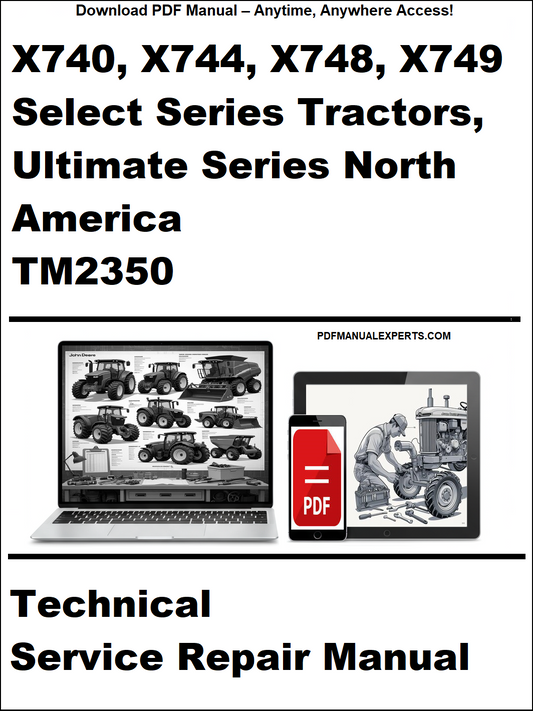 Technical service repair manual for John Deere X740, X744, X748, X749 tractors on a white background.