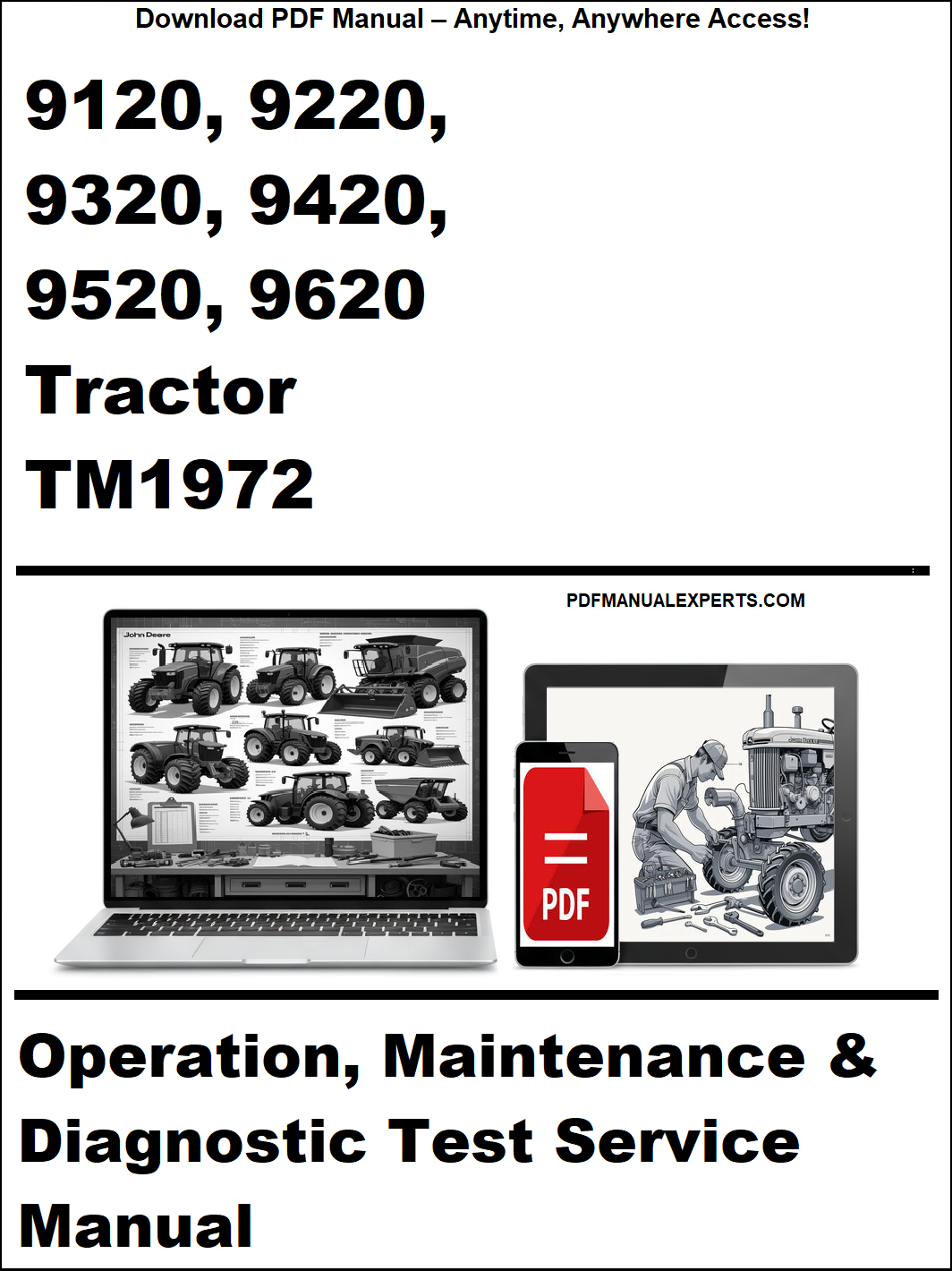 Cover of a tractor manual with laptop and toolbox graphics on a white background