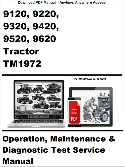 Cover of a tractor manual with laptop and toolbox graphics on a white background