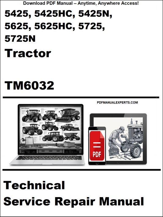Advertisement for a technical service repair manual for tractors with a laptop and toolbox graphic.