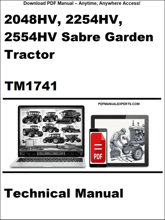 Cover of a technical manual for 2048HV, 2254HV, 2554HV Sabre Garden Tractor with a laptop and toolbox graphic.