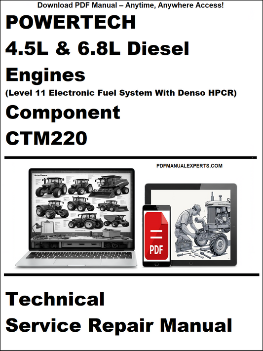 Cover of a technical service repair manual for Powertech diesel engines with a laptop and toolbox graphic.