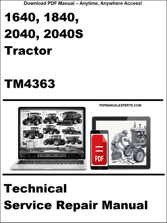 Advertisement for a technical service repair manual for 1640, 1840, 2040, 2040S Tractor TM4363 on a white background.