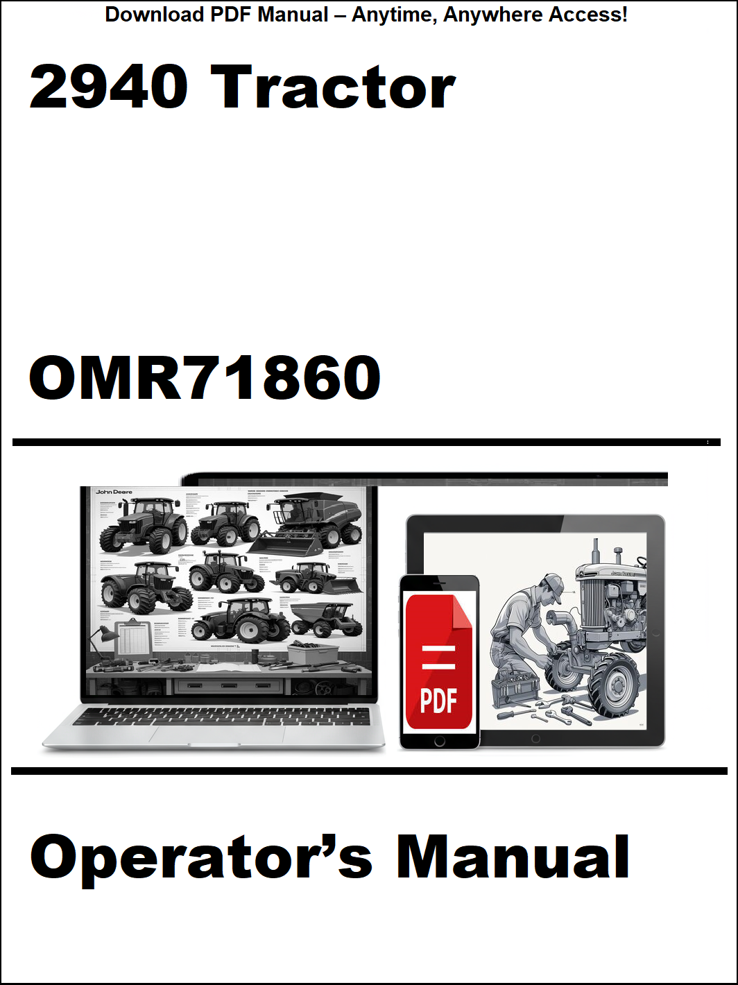 Operator's manual for a 2940 tractor with digital device and laptop illustration on a white background.