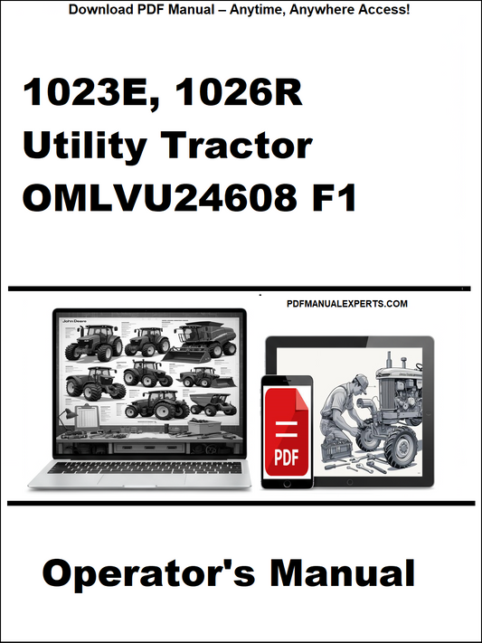 Cover of a manual for 1023E, 1026R Utility Tractor OMLVU24608 F1 with a laptop and tractor illustration.