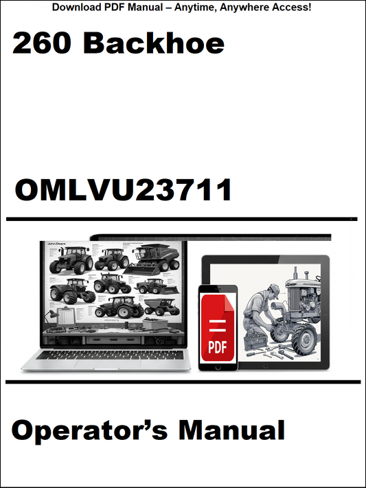 Operator's manual for a 260 Backhoe with OMLVU23711 on a white background