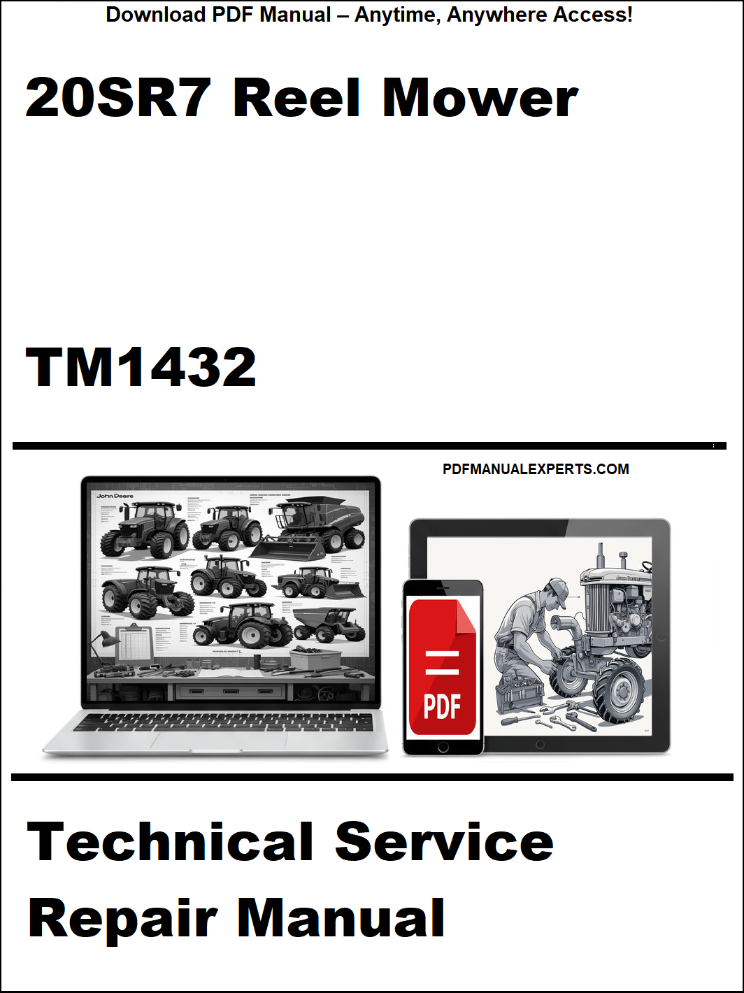 Technical service repair manual for 20SR7 Reel Mower with PDF icon and laptop display.