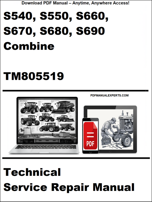 John Deere S540, S550, S660, S670, S680, S690 Combine Technical Service Repair Manual TM805519 PDF cover – detailed service instructions for harvesting equipment.