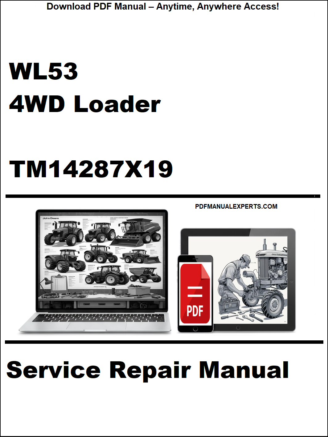 Service repair manual for WL53 4WD Loader with digital device and laptop illustration on a white background.
