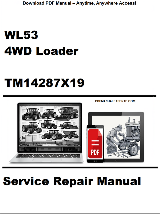 Service repair manual for WL53 4WD Loader with digital device and laptop illustration on a white background.