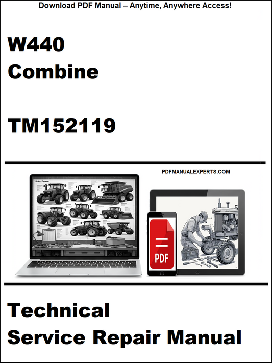 Technical service repair manual for W440 Combine with laptop and truck images on a white background