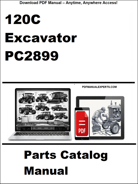Cover of a parts catalog manual for a 120C Excavator PC2899 with digital device icons on a white background.