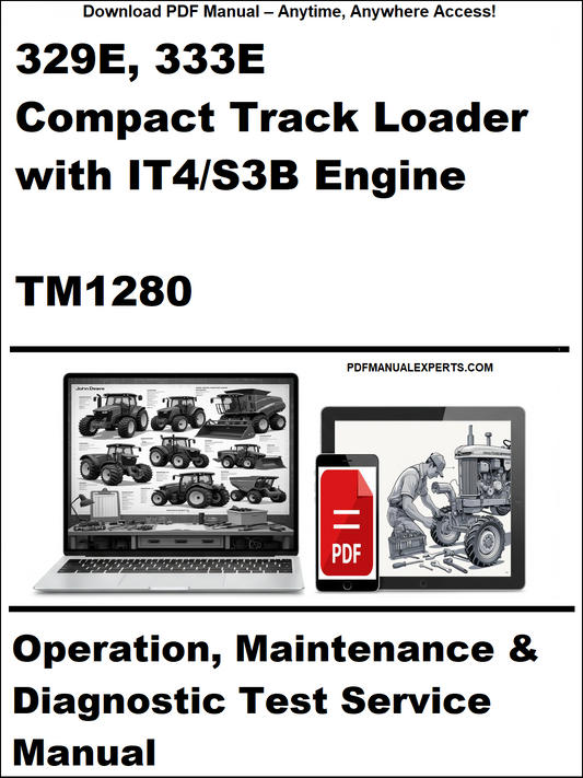Manual cover for 329E, 333E Compact Track Loader with IT4/S3B Engine TM1280 on a white background.