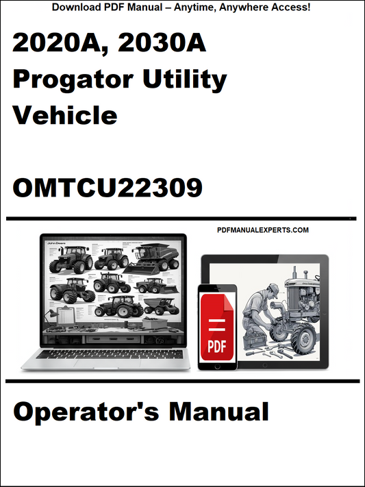 Operator's manual cover for 2020A, 2030A Progator Utility Vehicle with digital device icons.