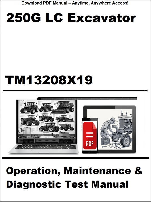Manual cover for 250G LC Excavator operation, maintenance, and diagnostic test manual with a laptop and smartphone displaying the manual.