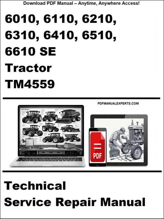 Technical service repair manual for John Deere tractors with a laptop and toolbox graphic on a white background.